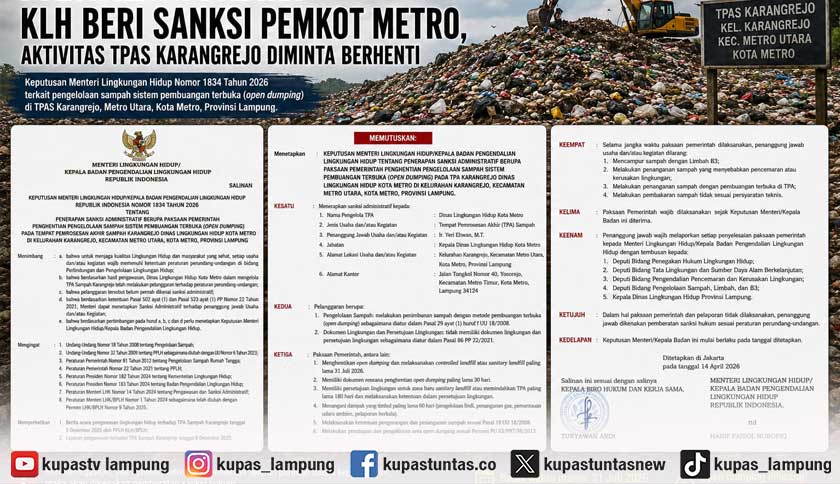 KLH Sanksi Pemkot Metro, Aktivitas Open Dumping TPAS Karangrejo Dipaksa Berhenti