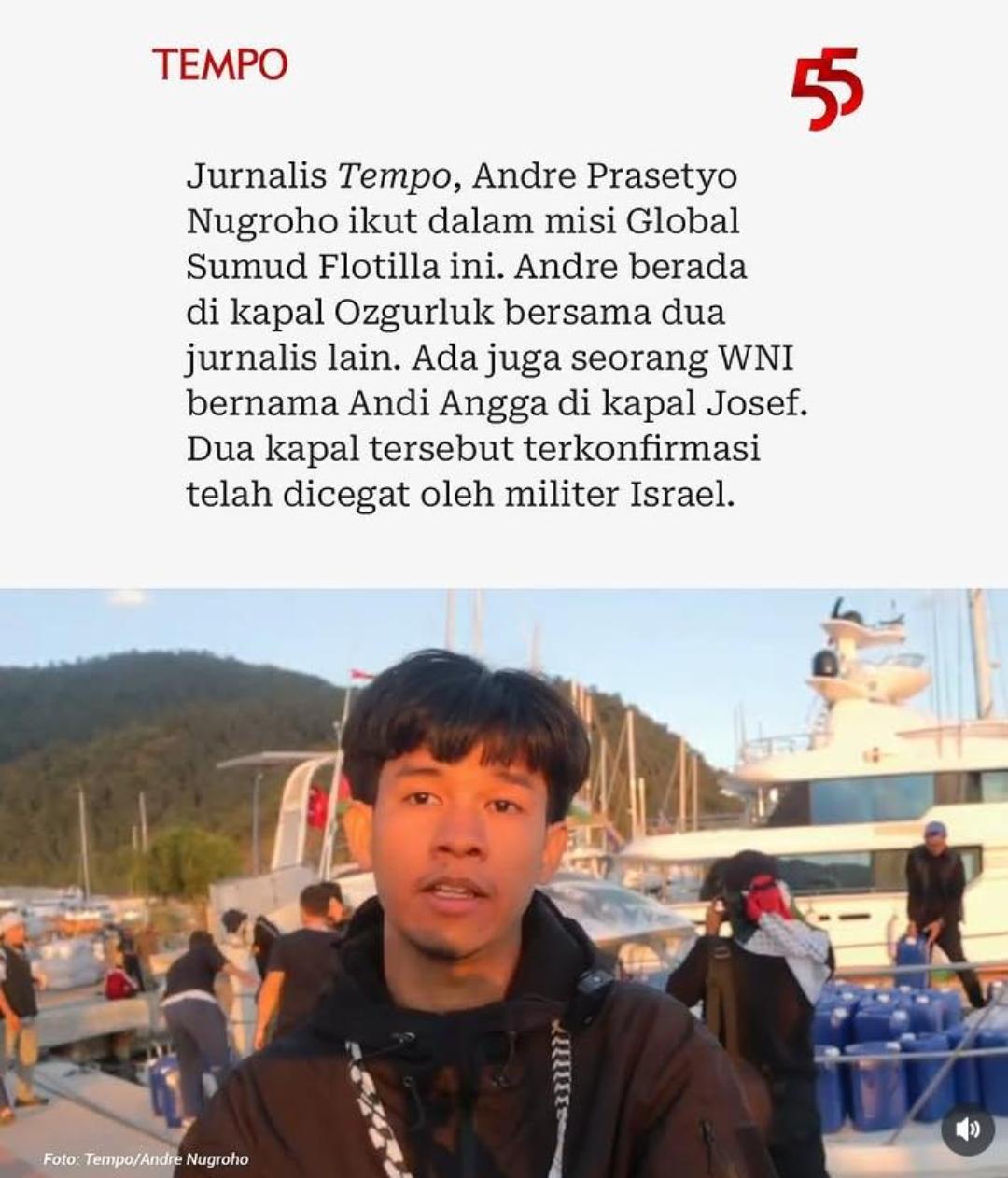 Ikut Misi Kemanusiaan ke Gaza, Jurnalis Asal Lampung Andre Prasetyo Diduga Ditahan Militer Israel