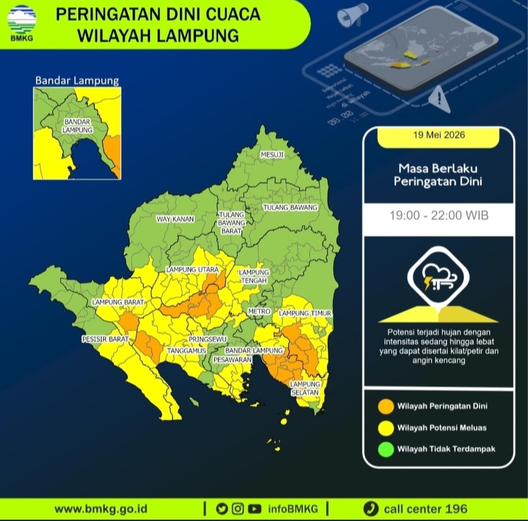 Peringatan Dini BMKG: Malam Ini, Hujan Lebat dan Angin Kencang Intai Sejumlah Wilayah Lampung