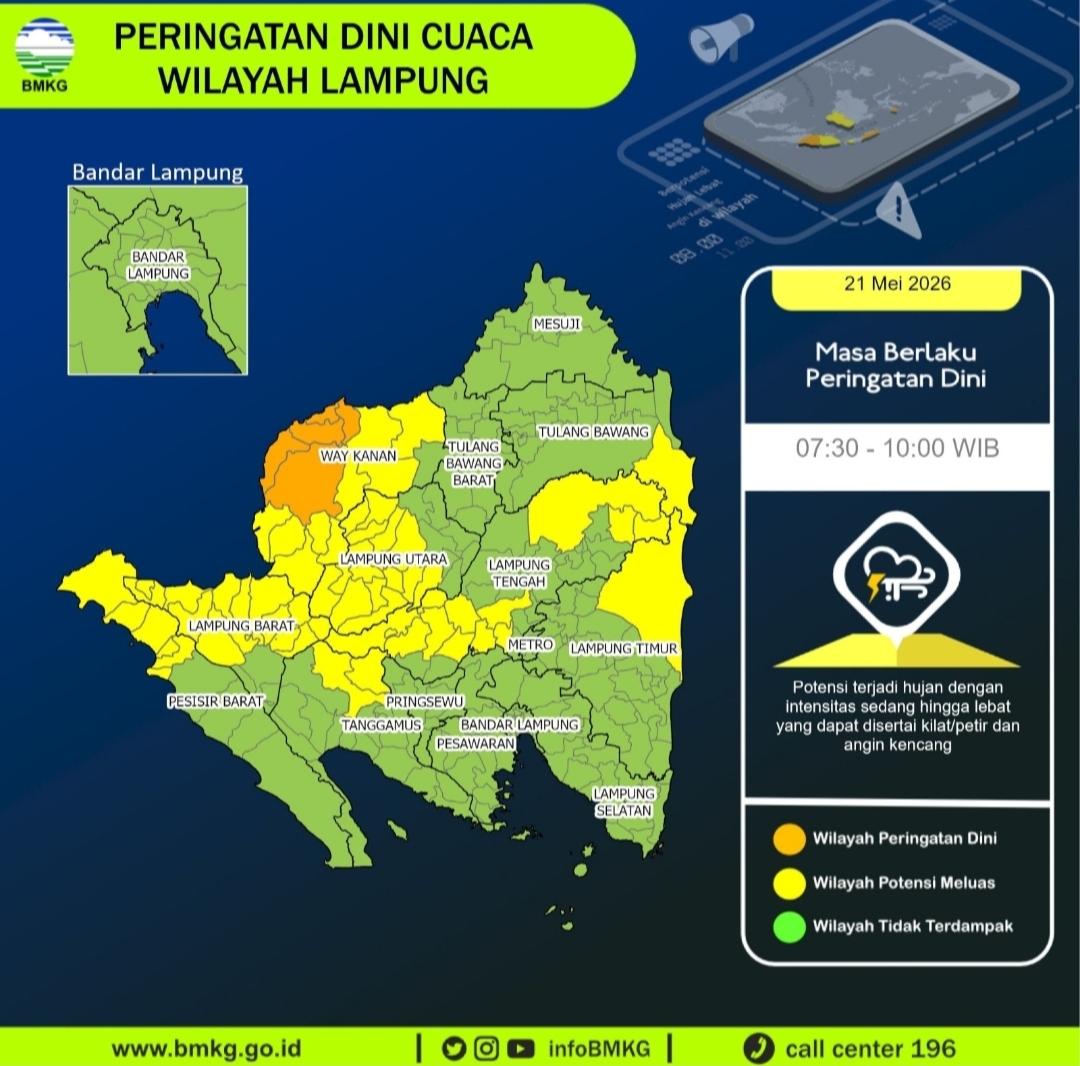 BMKG Rilis Cuaca Ekstrem Lampung 21 Mei: Wilayah Barat Hujan Lebat, Bagaimana Bandar Lampung?