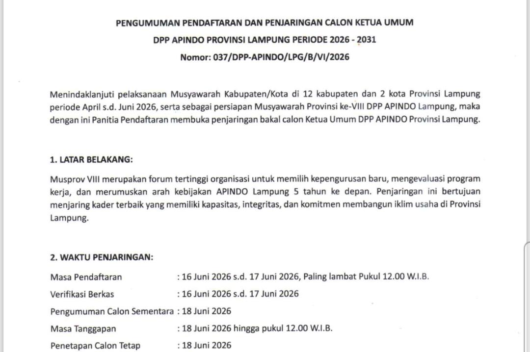 Pendaftaran Calon Ketua Apindo Lampung Resmi Dibuka, Cek Persyaratan Lengkapnya