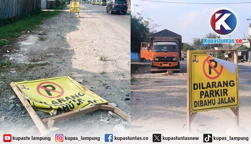 Plang Larangan Parkir BPJN di Jalinsum Lampung Rusak, Truk Bandel Masih Kuasai Bahu Jalan