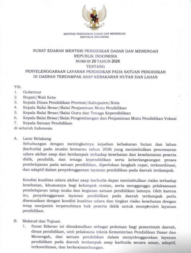 Cegah Bahaya Asap Karhutla, Kemendikdasmen Terbitkan Aturan Belajar 6M+1S