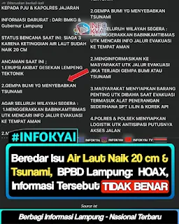 Beredar Isu Air Laut Naik 20 cm & Tsunami, BPBD Lampung: HOAX Informasi Tersebut TIDAK BENAR