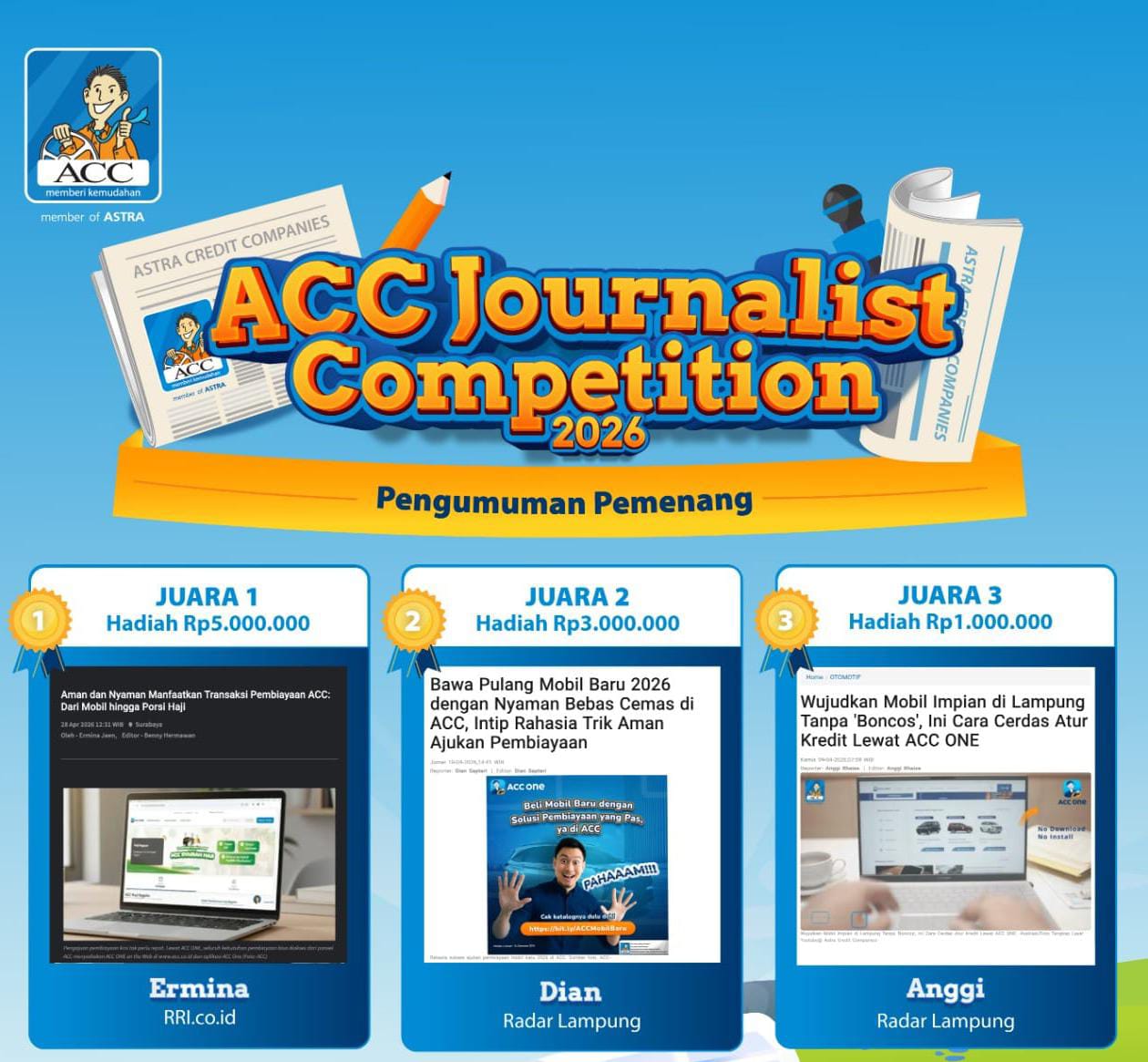 2 Jurnalis Radar Lampung Juarai Lomba Karya Jurnalistik Astra Credit Companies 2026