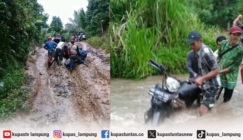 10 Tahun Jalan Tak Kunjung Diaspal, Warga Sampang Turus Tanggamus Berjuang Lewati Lumpur dan Sungai
