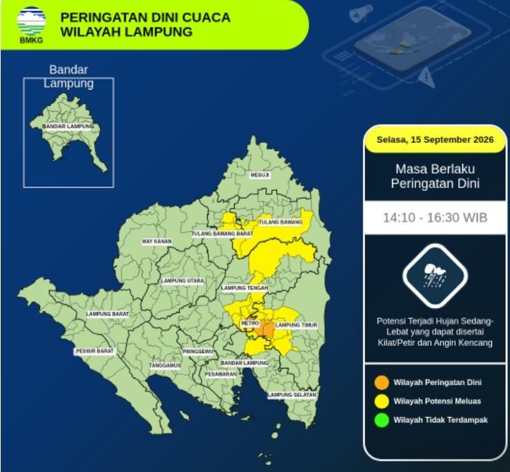 Waspada, BMKG Rilis Peringatan Dini Cuaca Ekstrem di Sejumlah Wilayah Lampung Sore Ini