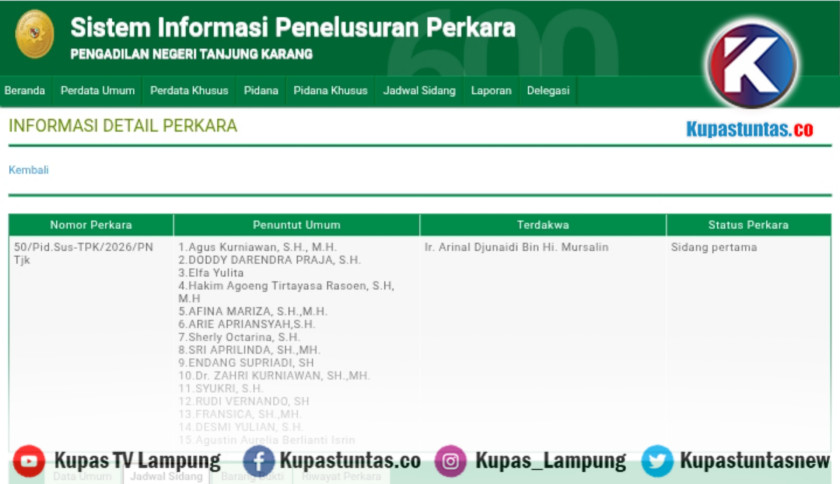 ‎9 September, Mantan Gubernur Arinal Djunaidi Jalani Sidang Perdana