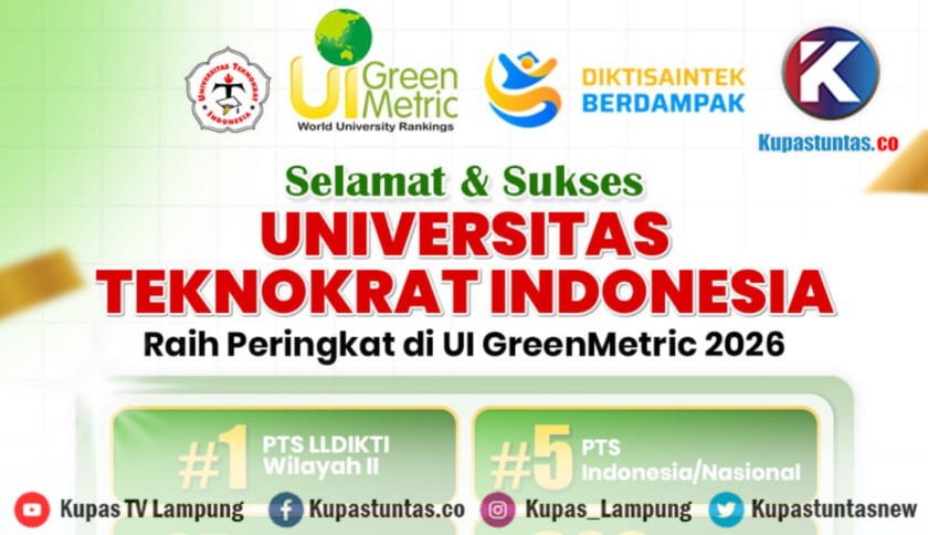 Universitas Teknokrat Indonesia Raih Peringkat 5 PTS Terbaik Nasional di UI GreenMetric World University Rankings 2026, Kokoh di Posisi 1 PTS LLDIKTI Wilayah II