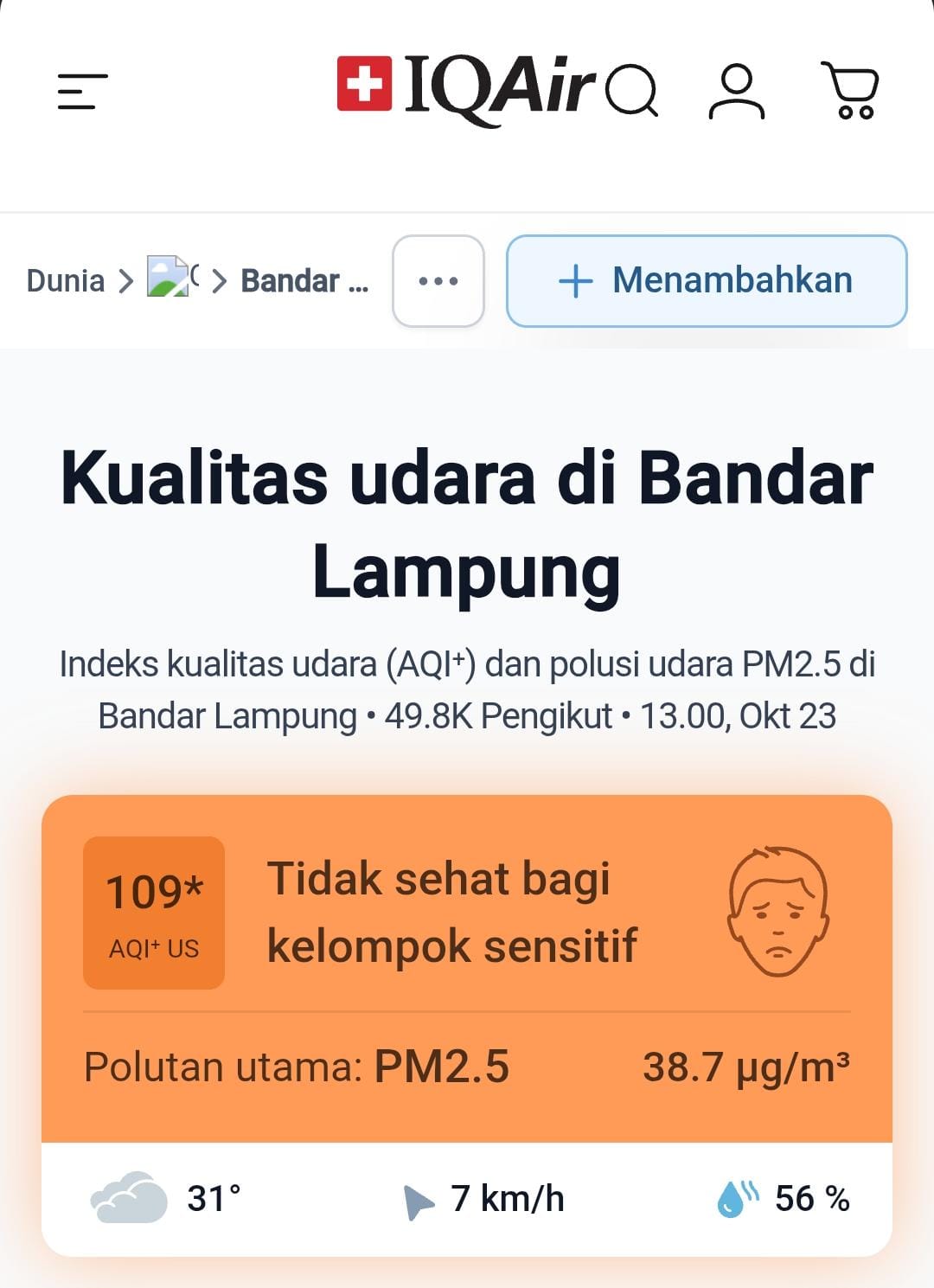 Waspada! Kualitas Udara Bandar Lampung Katagori Tidak Sehat Kelompok Sensitif